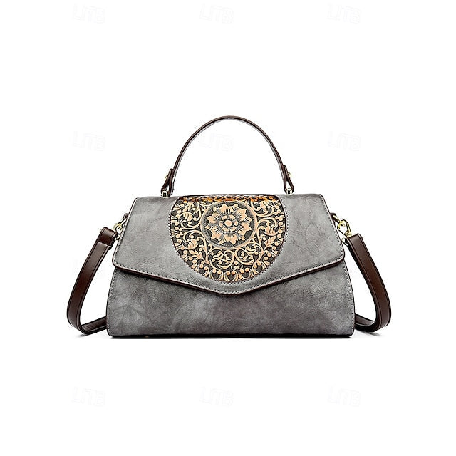 Floral Faux Vintage Engraved Handbag Leather