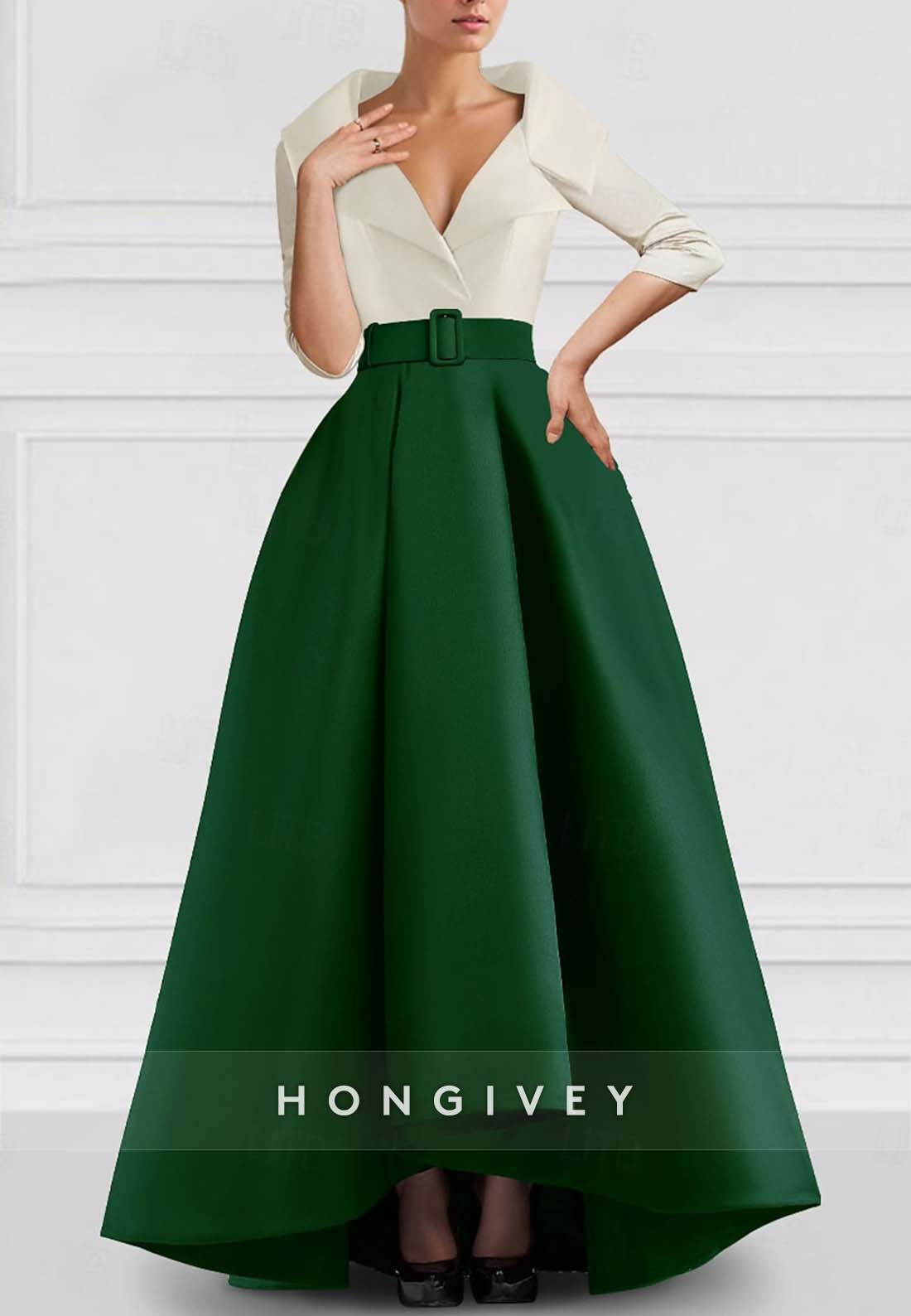 A-line Asymmetrical Evening Gown V Neck Half Sleeve Pockets Pleated Waistband Mother of the Bride