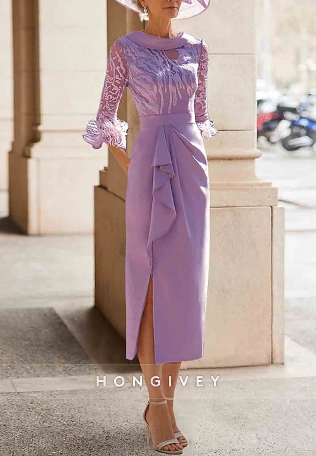 Pleated Feather 3/4 Sleeve Tea-Length Sheath Side Slit Mother of the Bride