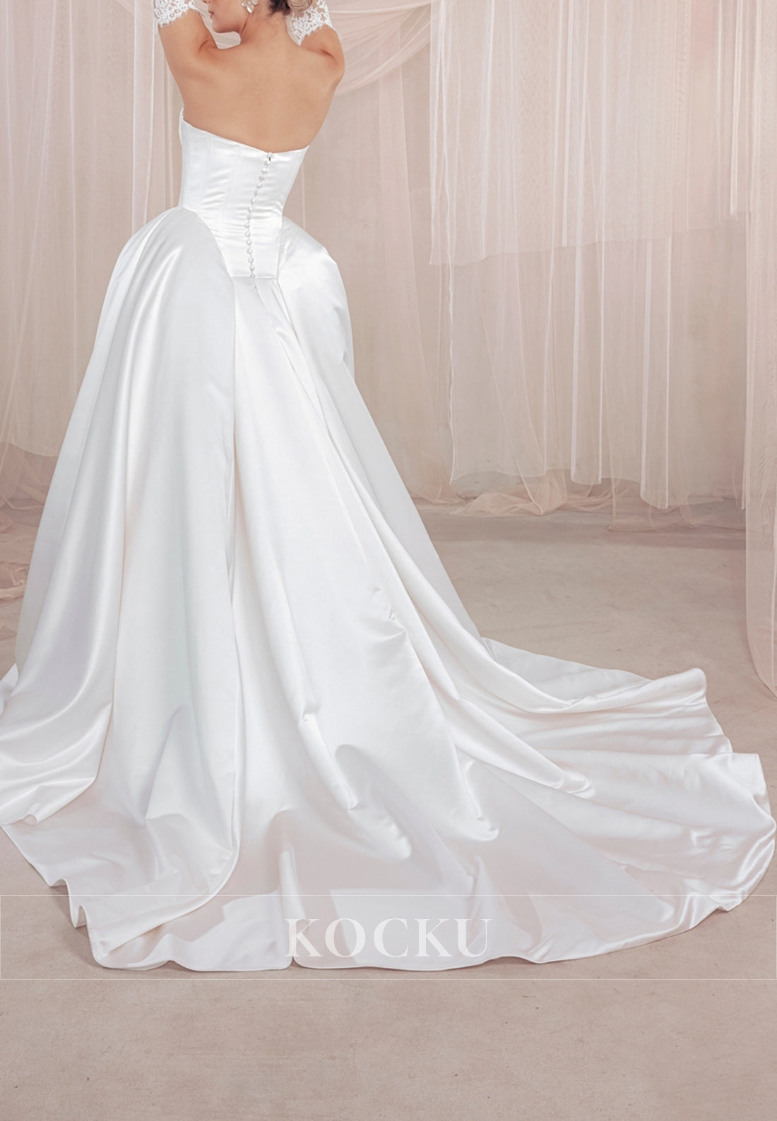 Strapless Satin Ball Gown Wedding Dress with Corset Bodice and Lace Detail