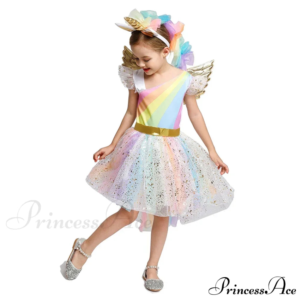 Unicorn Dress Girls Rainbow Princess Dance Ball Birthday Party Halloween Cosplay Costume Kid Costume