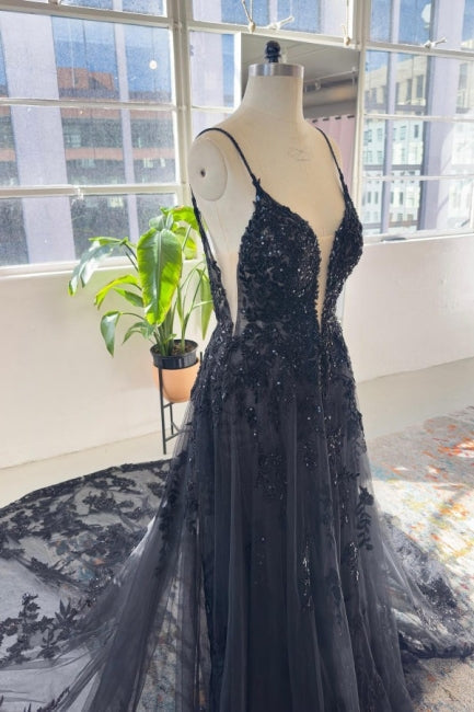 Unique Black Spaghetti Strap Sleeveless A-Line Lace Sequined Bridal Dress - Fashionpara