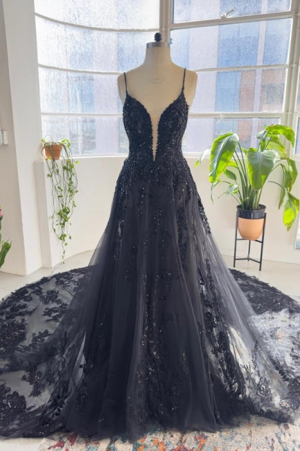 Unique Black Spaghetti Strap Sleeveless A-Line Lace Sequined Bridal Dress - Fashionpara