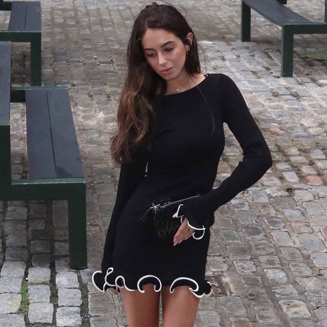 Boat Neck Long Sleeve Ruffle Hem Rib Knit Mini Dress