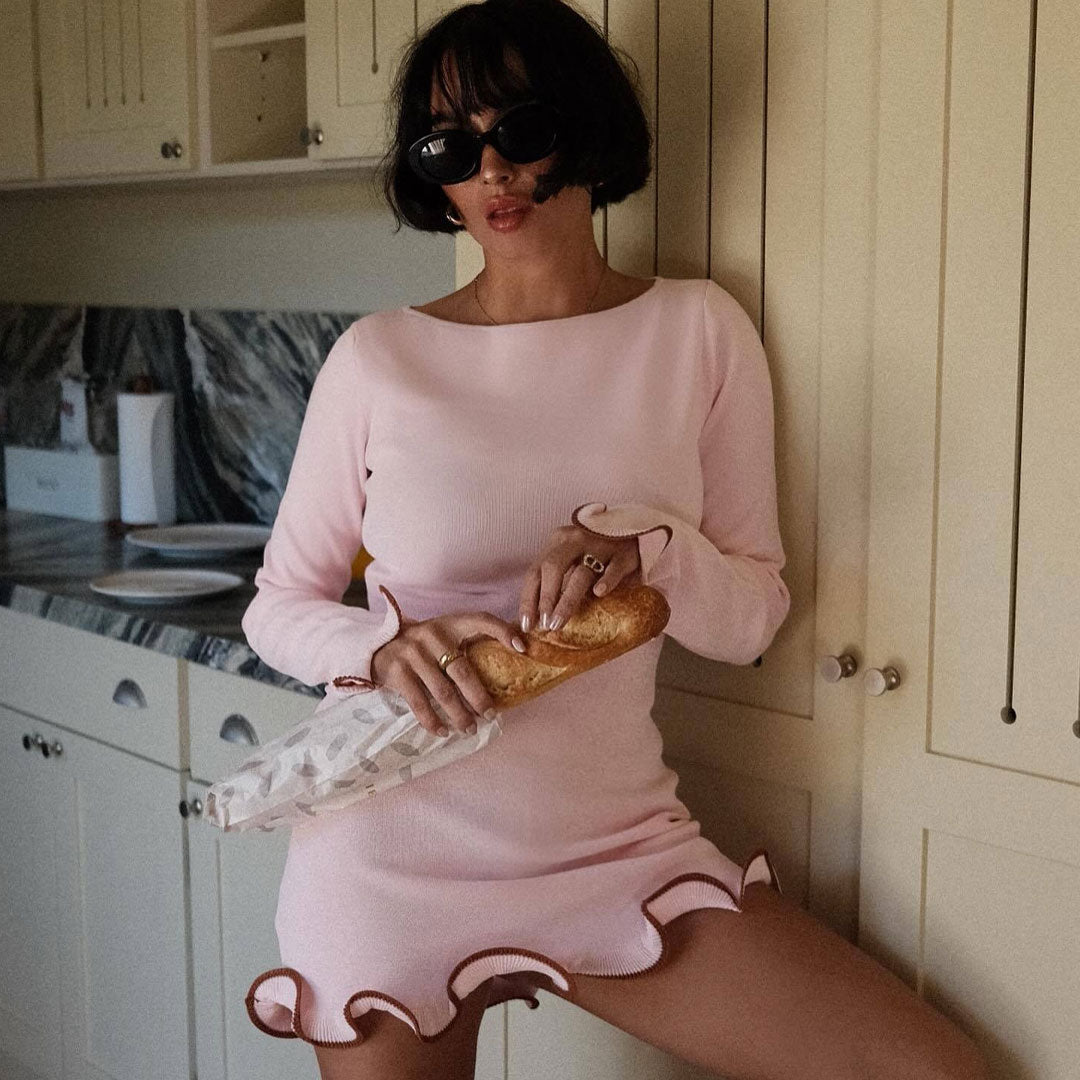 Boat Neck Long Sleeve Ruffle Hem Rib Knit Mini Dress