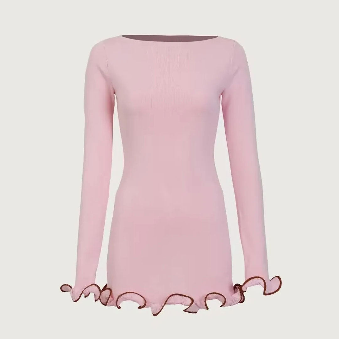 Boat Neck Long Sleeve Ruffle Hem Rib Knit Mini Dress