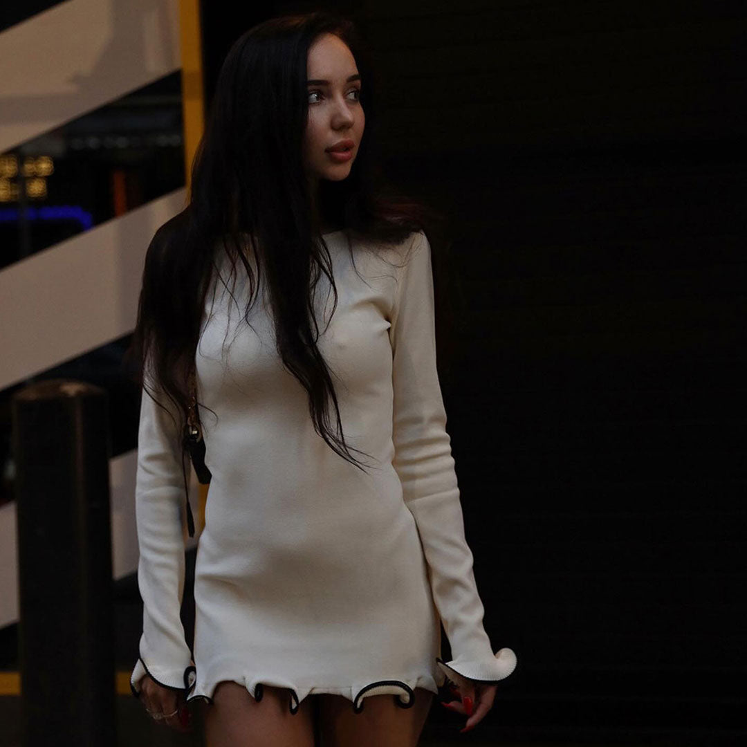 Boat Neck Long Sleeve Ruffle Hem Rib Knit Mini Dress
