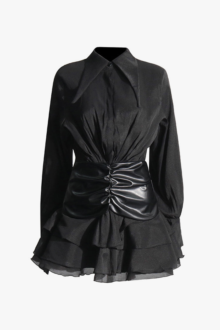 Unique Collar Button Up Ruched Leather Panel Ruffle Layered Mini Shirt Dress - Fashionpara