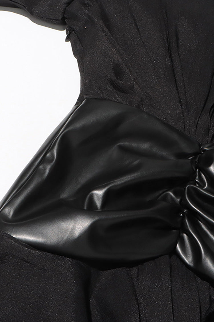 Unique Collar Button Up Ruched Leather Panel Ruffle Layered Mini Shirt Dress - Fashionpara