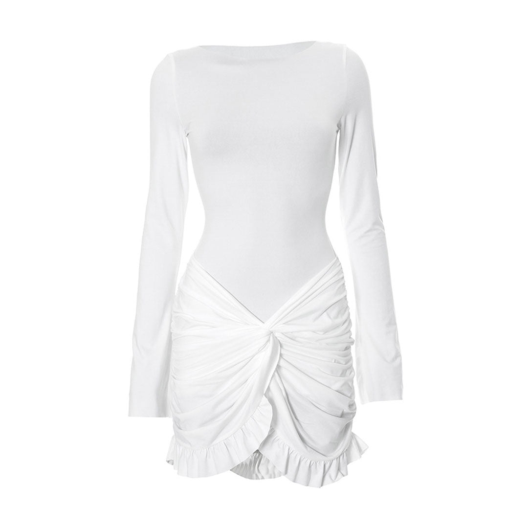Unique Crew Neck Long Sleeve Twist Ruffle Ruched Party Mini Dress - Fashionpara