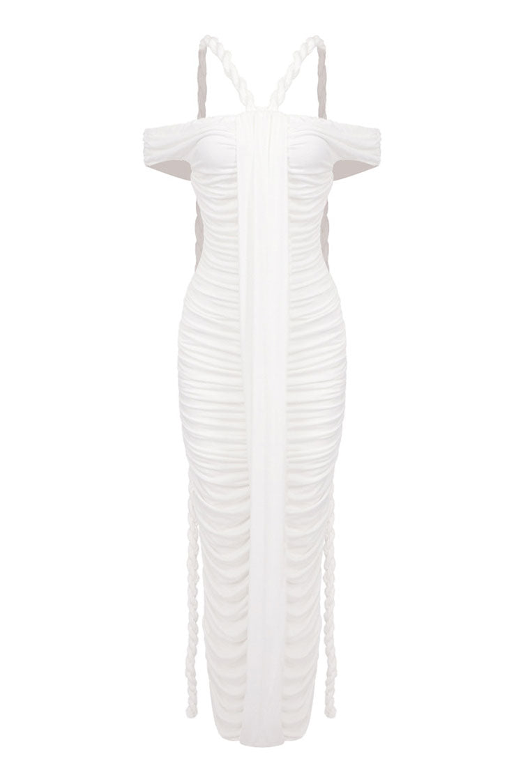 Unique Draped Rope Off Shoulder Ruched Bodycon Jersey Evening Maxi Dress