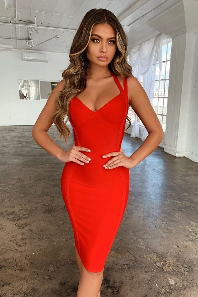 Unique Halter Bandage Bodycon Midi Cocktail Party Dress - Red Fashionpara