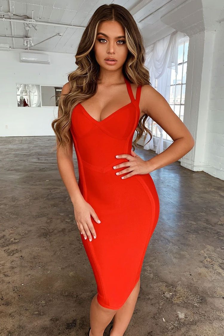 Unique Halter Bandage Bodycon Midi Cocktail Party Dress - Red Fashionpara