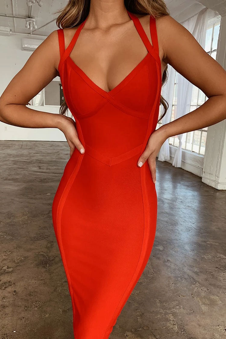 Unique Halter Bandage Bodycon Midi Cocktail Party Dress - Red Fashionpara