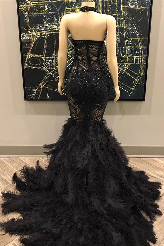 Unique Lace Appliques Halter Feather Prom Dresses Sleeveless Alluring Fit and Flare Evening Gowns