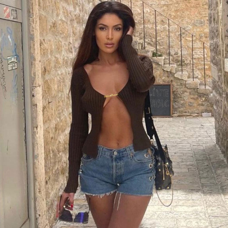 Trendy & Unique Ribbed Crop Cardigan in Coffee Color