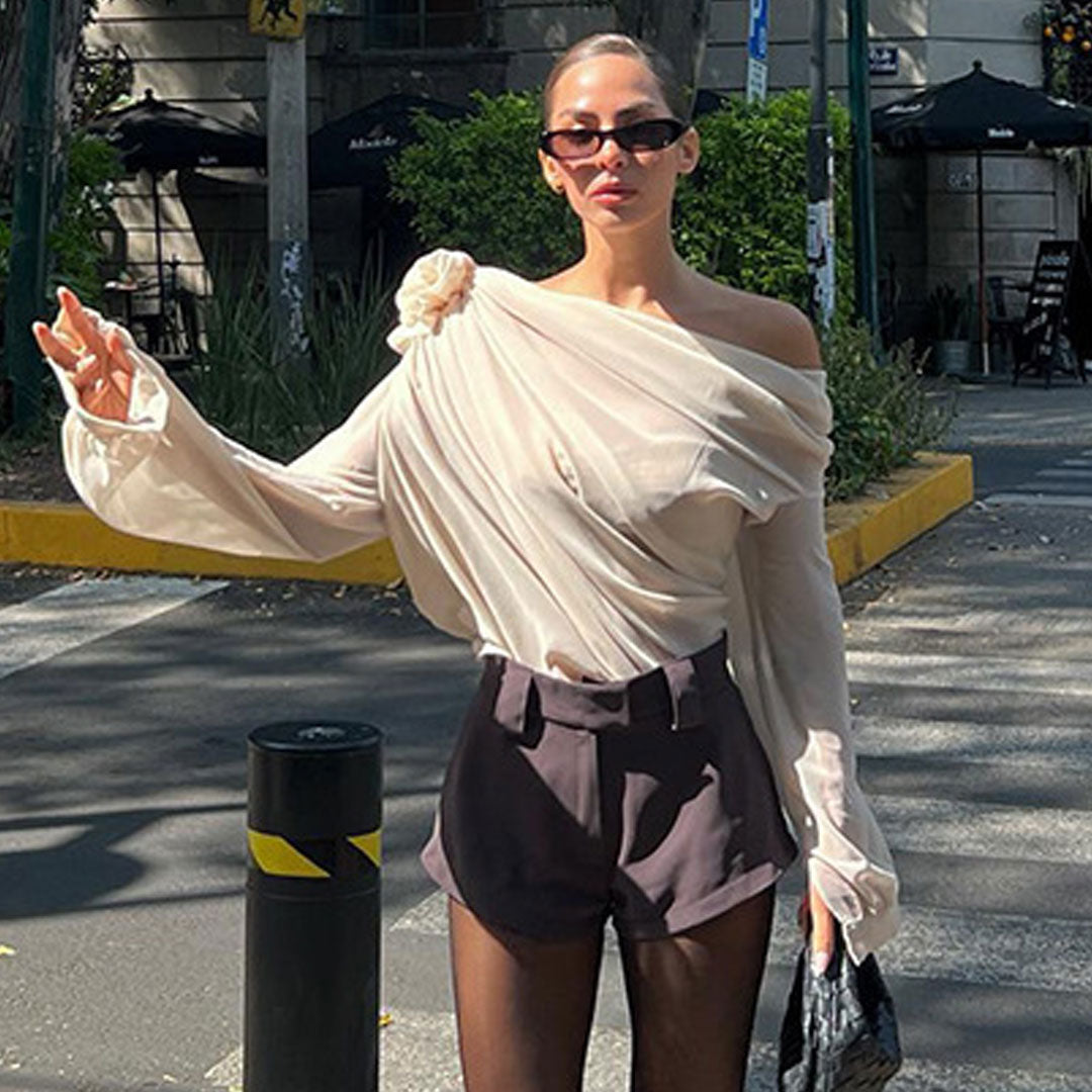 Unique One Shoulder Long Sleeve Chiffon Ruched Rosette Applique Blouse