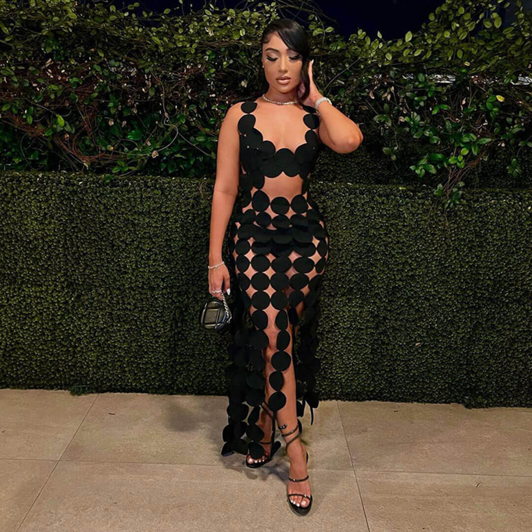 Unique Scallop Neck Sleeveless Cutout Laser Cut Circle Fringe Maxi Dress - Fashionpara