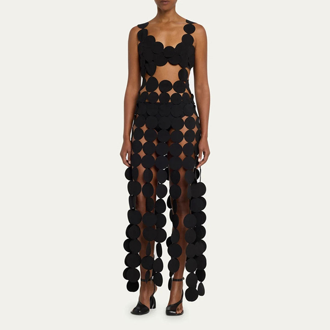 Unique Scallop Neck Sleeveless Cutout Laser Cut Circle Fringe Maxi Dress - Fashionpara