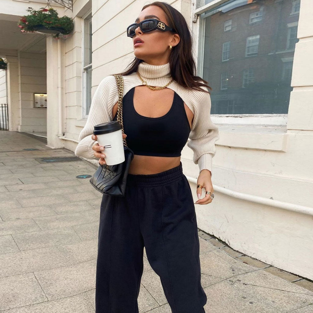 Unique Turtleneck Long Sleeve Crop Pullover Sweater - White 3