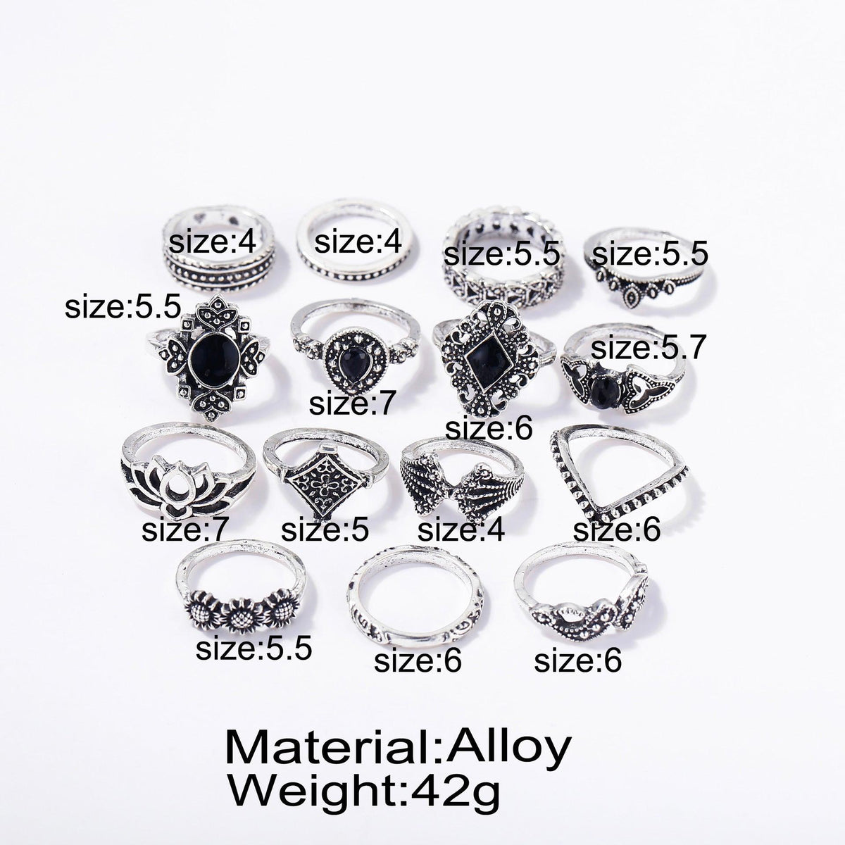 KittenAlarm - Unity 15 Pcs Bohemian Retro Crystal Ring Set