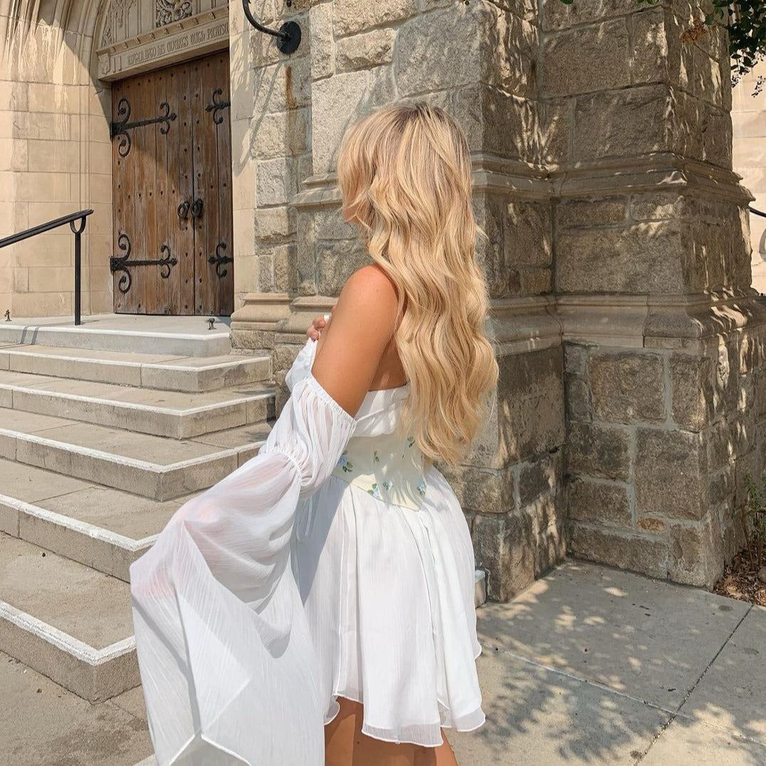 Floral Off Shoulder Puff Sleeve Lace Up Corset Mini Dress 4