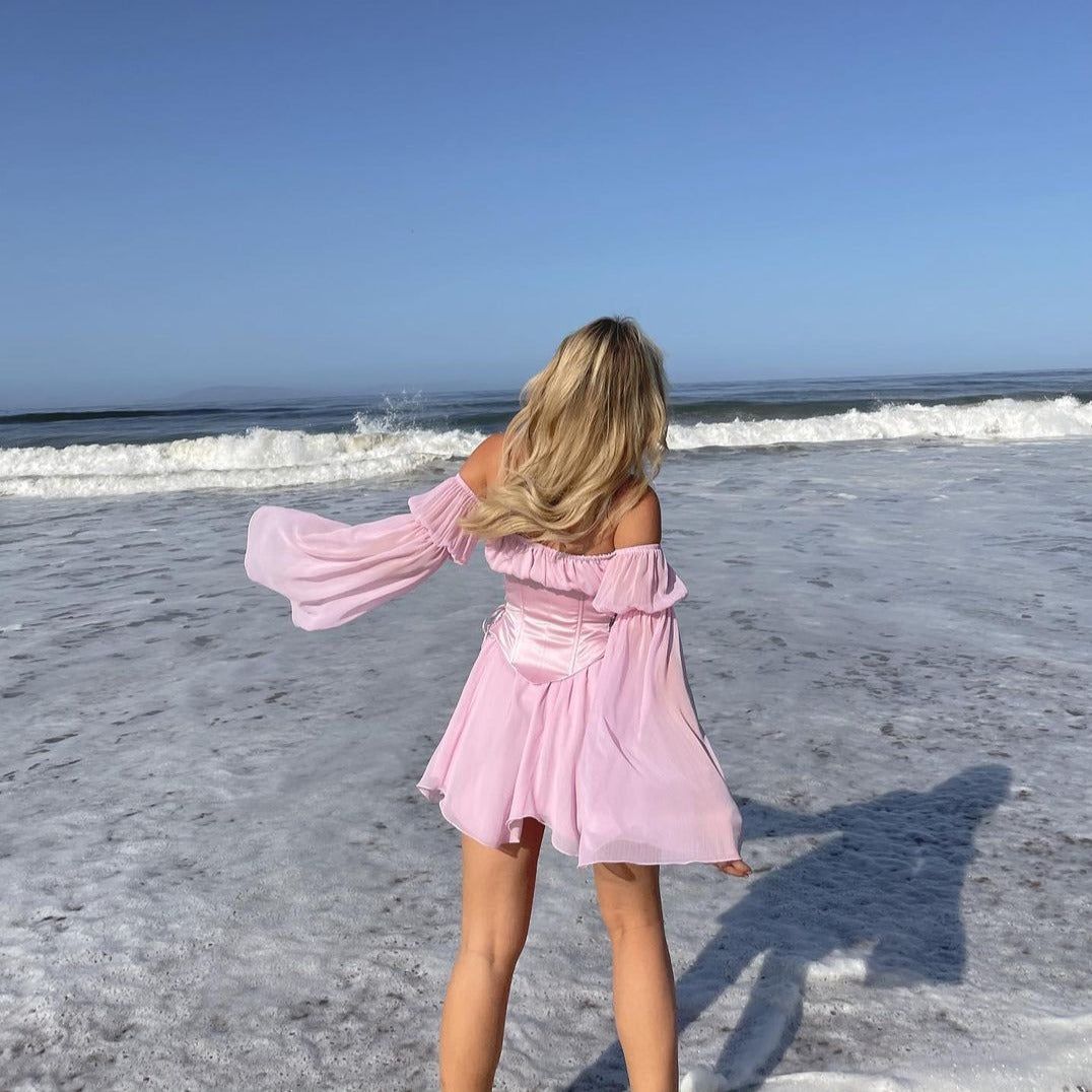 Floral Off Shoulder Puff Sleeve Lace Up Corset Mini Dress 9