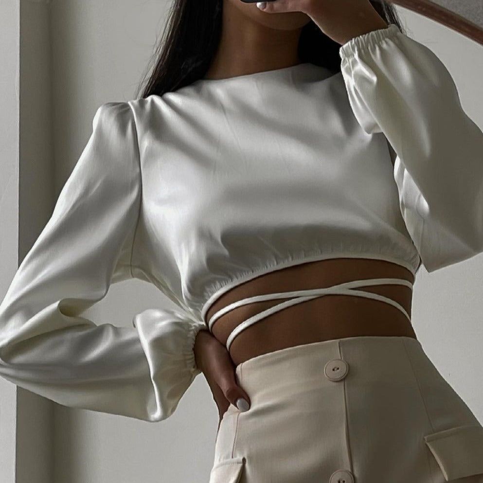 Luna Lace Up Cross Strap Satin Blouse