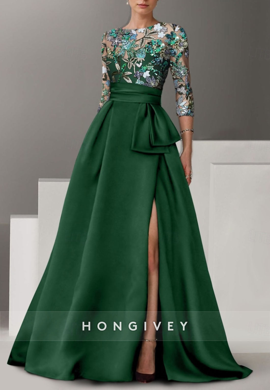 A-line Floor-Length High Slit Illusion Neck Evening Gown Beading 3/4 Sleeve Pleated Formal Dresses