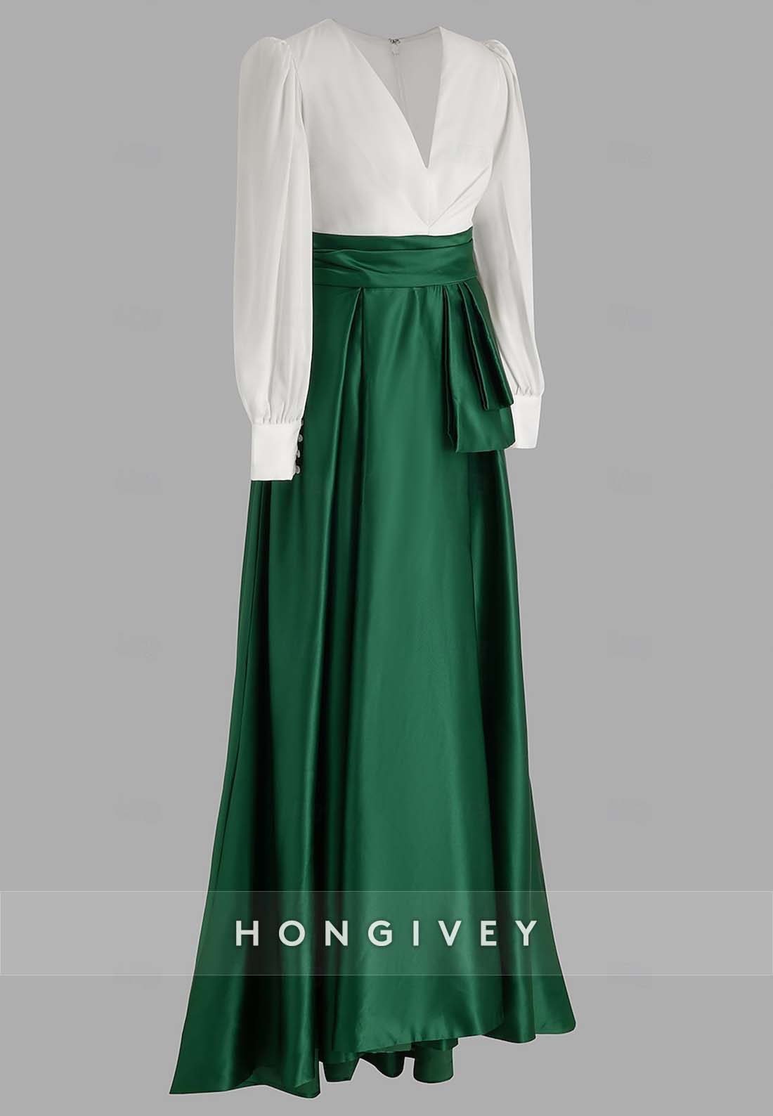 A-line High Slit Evening Gown Floor-Length V Neck Long Sleeve Pleated Mother of the Bride