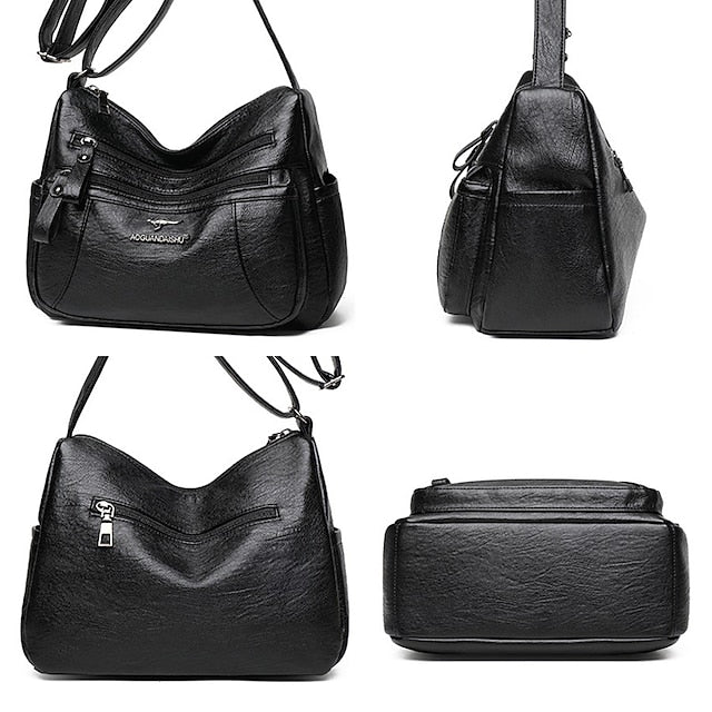 Shoulder Bag Leather Black Faux Multi-Pocket