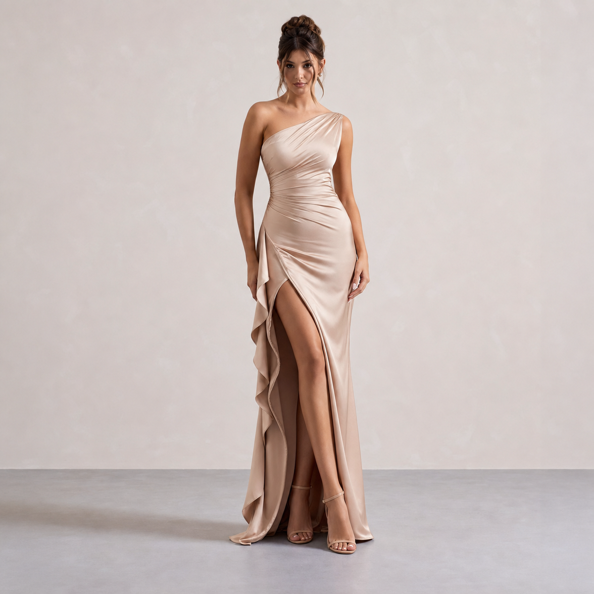 One Shoulder Ruched High Split Ruffle Satin Maxi Gown