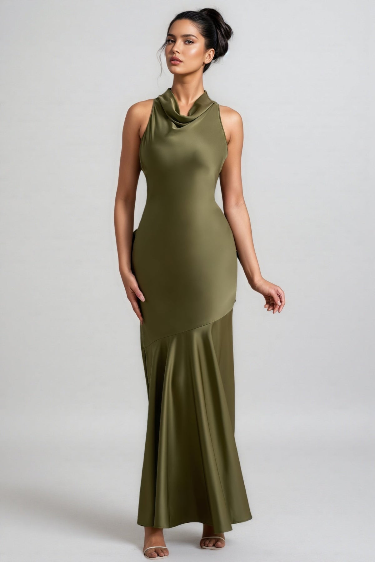 Elaray Green Satin Cowl-Neck Maxi Dress - View 3