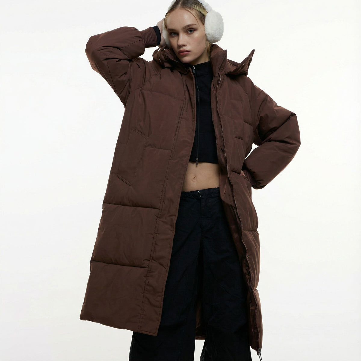 Hooded Zip Front Longline Puffer Coat 4