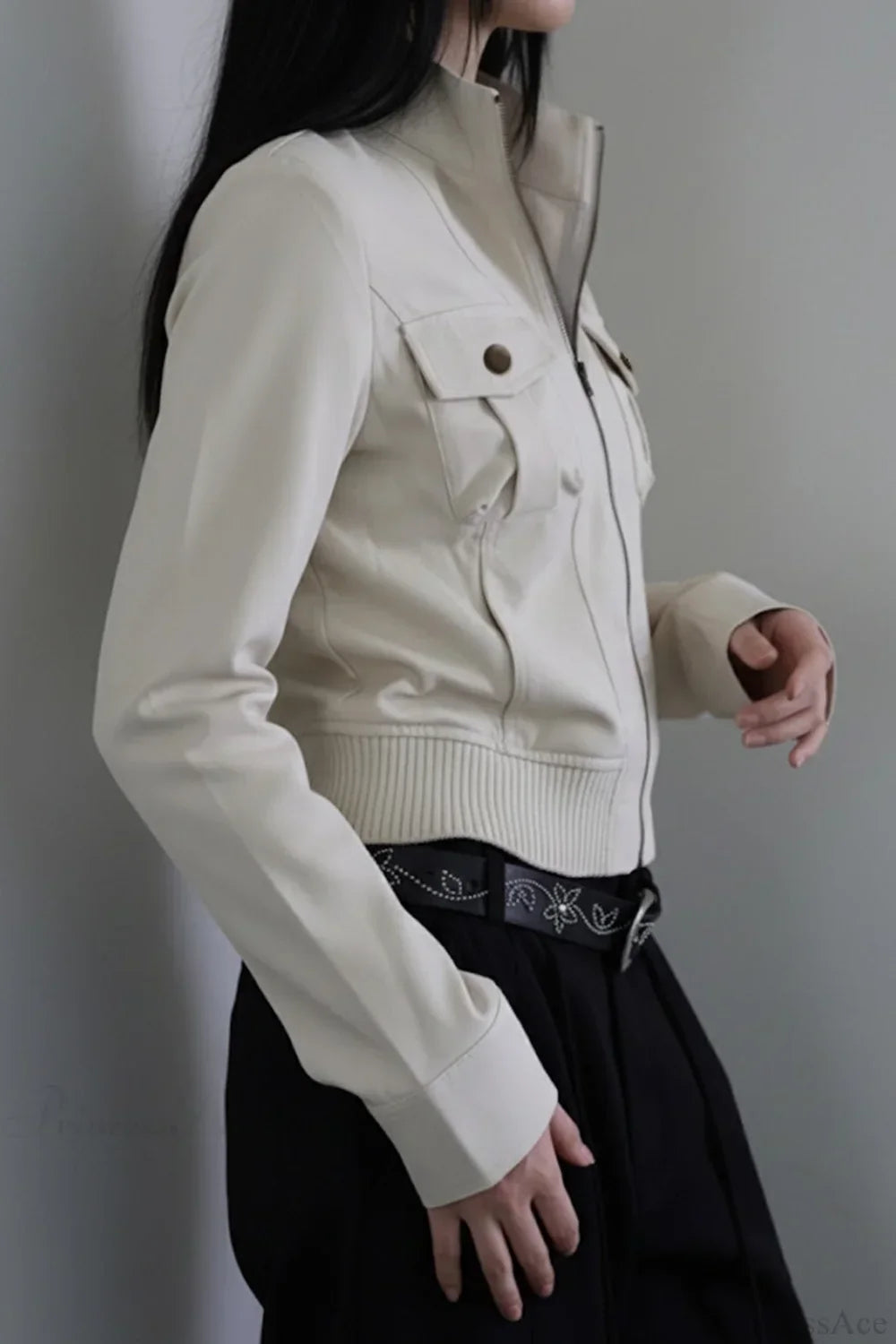 Utility Solid Color Pocket Stand Collar Waist Cinched Jacket 2
