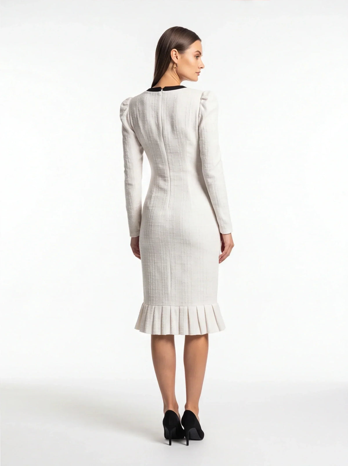 Tweed V-Neck Long Sleeve Button Front Ruffle Hem Midi Dress - View 3