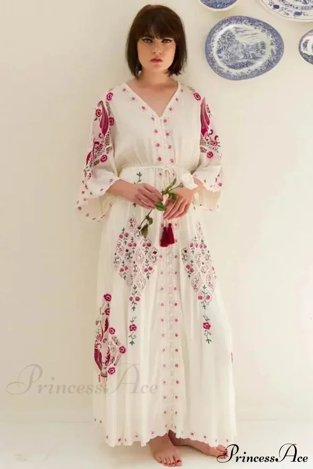 V Collar Embroidery Oversized Casual Cotton Boho Dress