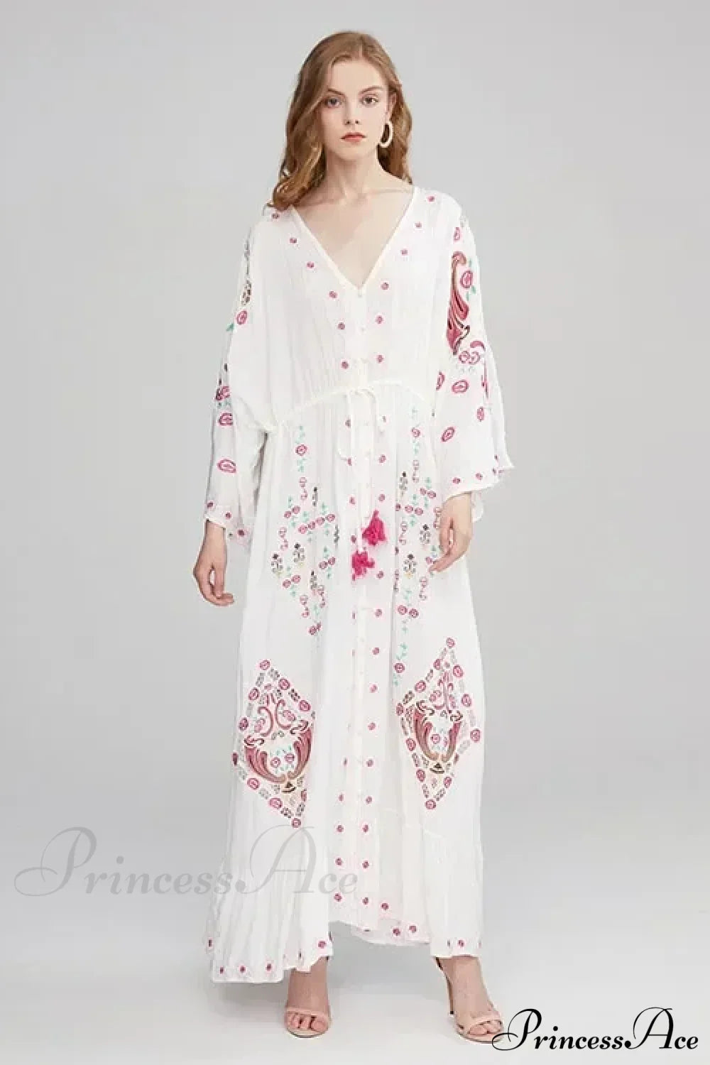V Collar Embroidery Oversized Casual Cotton Boho Dress WHITE / S bohodress-250126