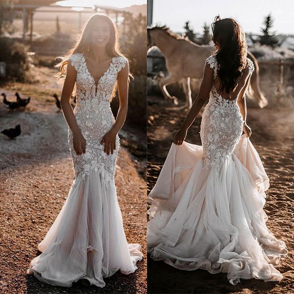 V-Neck Cap Sleeves Wedding Dress Mermaid With Appliques - Fashionpara