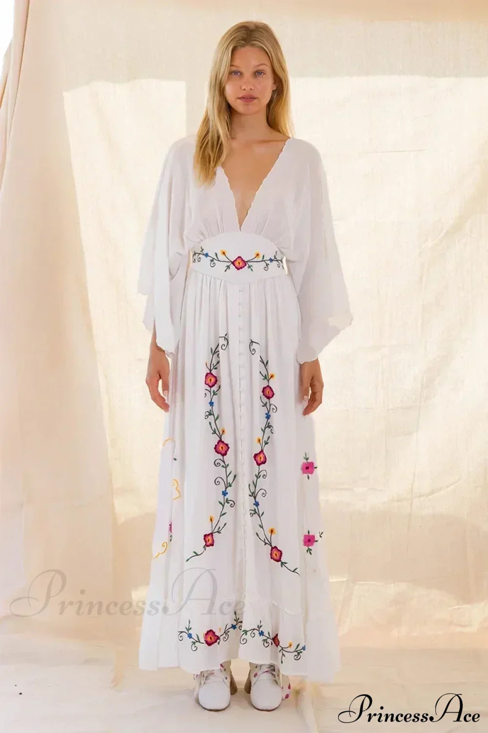 V-neck Embroidery Flower Retro National Boho Dress