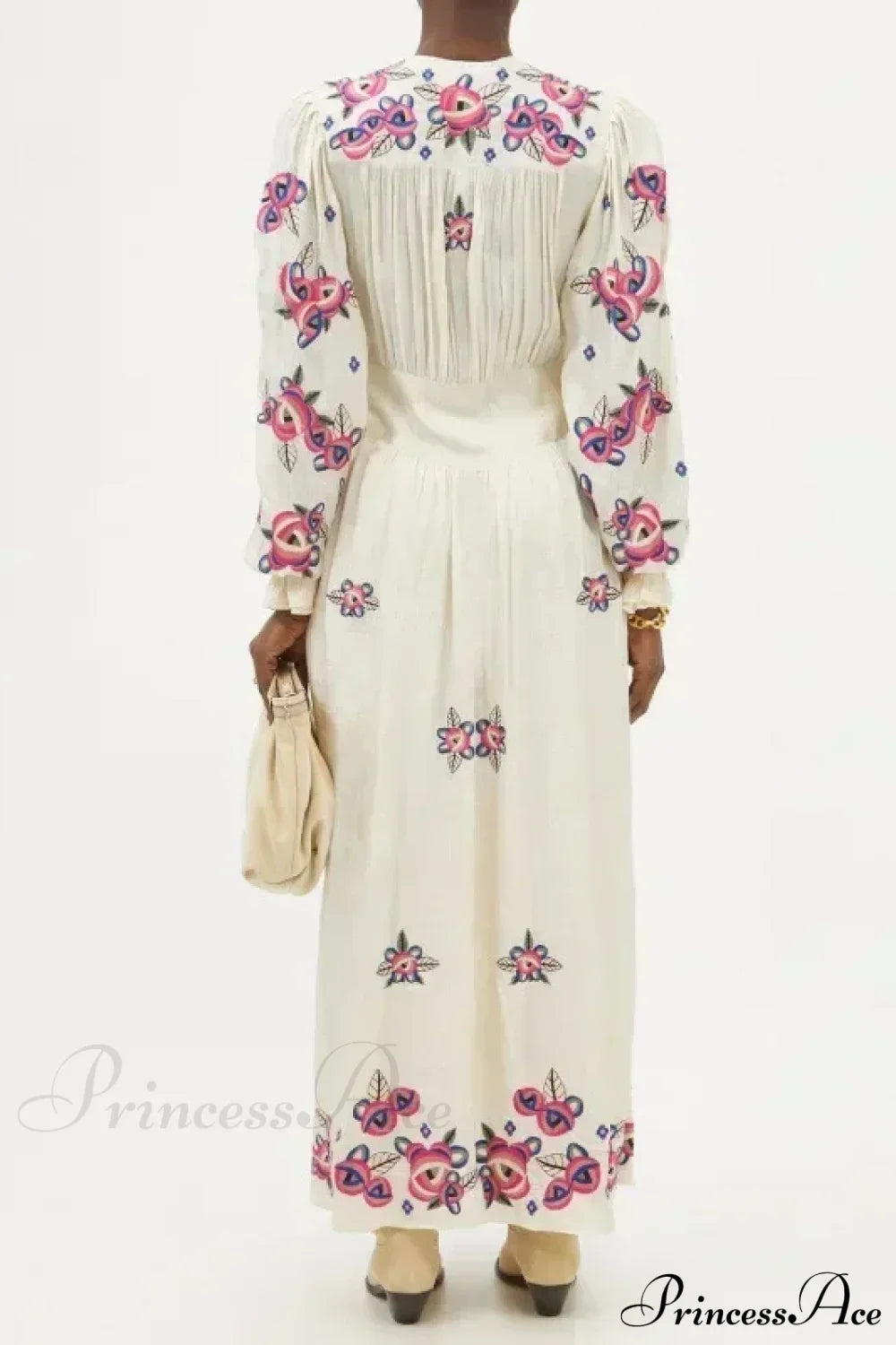 V-neck Floral A-line Lantern Sleeve Cotton Boho Dress