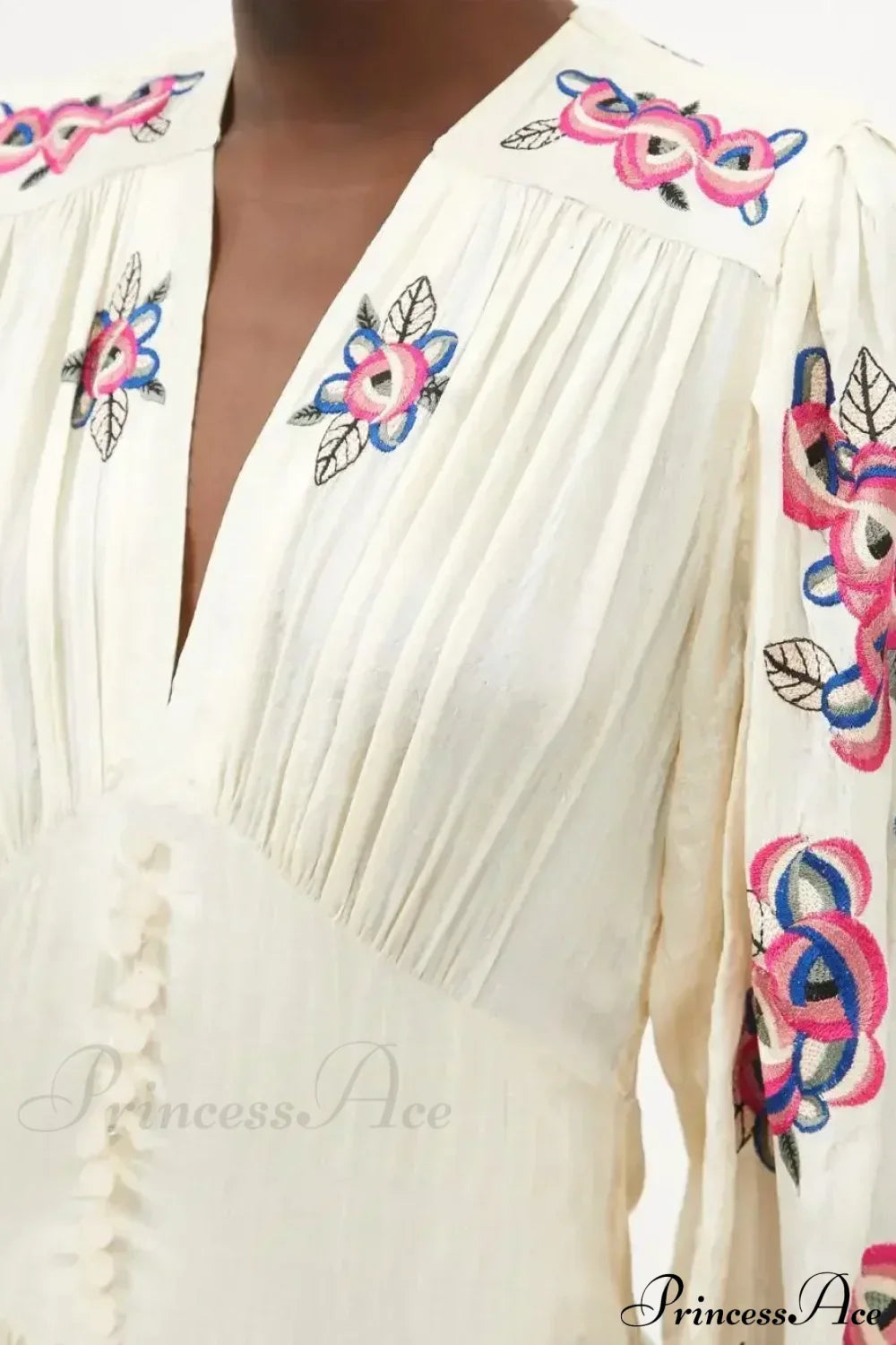 V-neck Floral A-line Lantern Sleeve Cotton Boho Dress