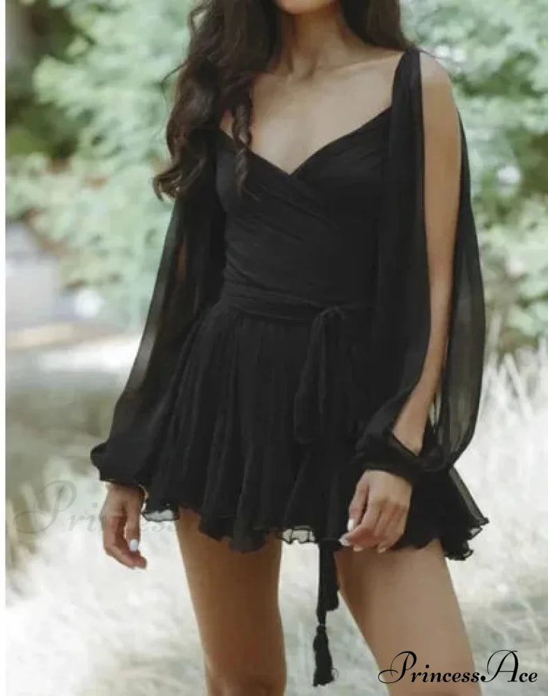 V Neck Hollow Out Lantern Sleeve Mini Dress - Solid Color Christmas Party Black / Xs Dresses-L