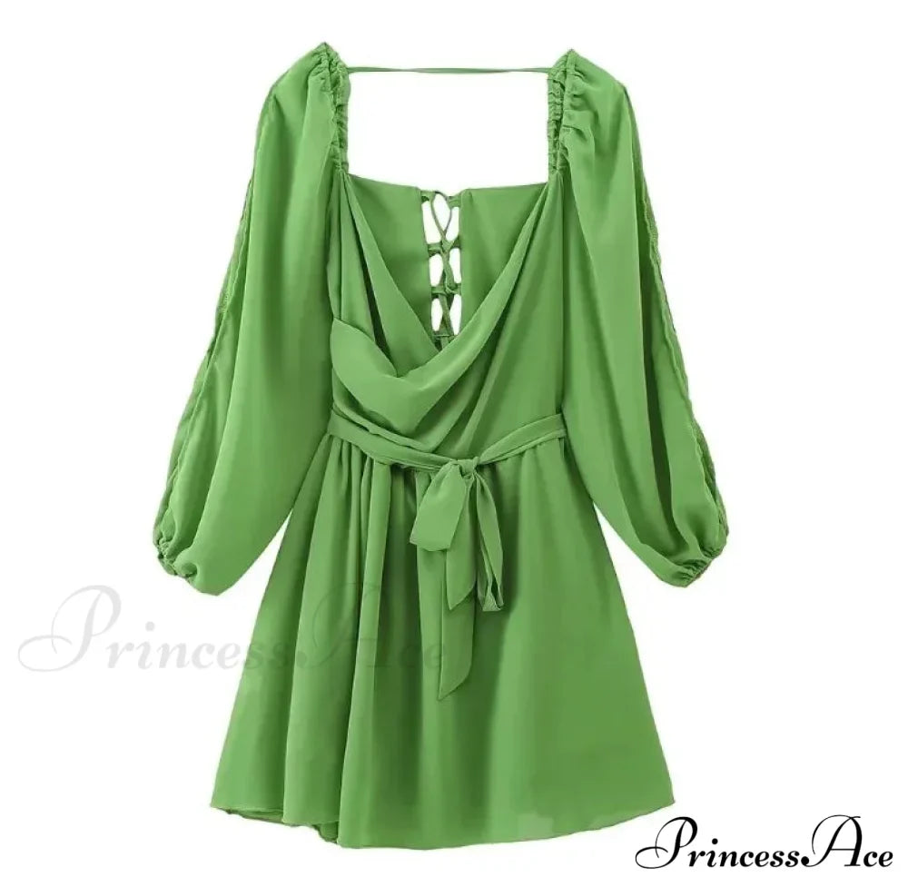 V Neck Hollow Out Lantern Sleeve Mini Dress - Solid Color Christmas Party Light Green / Xs Dresses-L