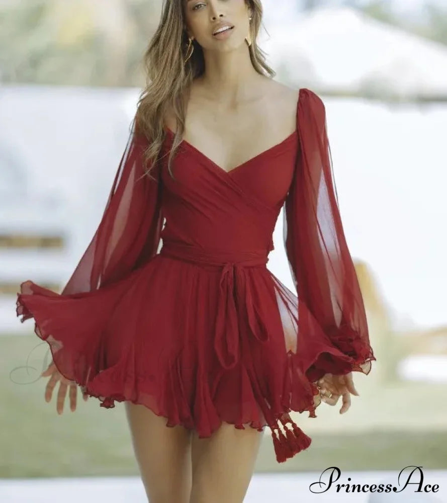 V Neck Hollow Out Lantern Sleeve Mini Dress - Solid Color Christmas Party Red / Xs Dresses-L