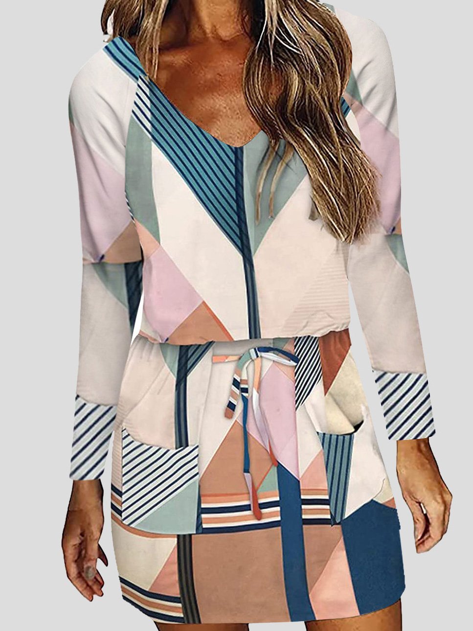 Geometric Print V Neck Long Sleeve Tie Waist Shift Mini Dress
