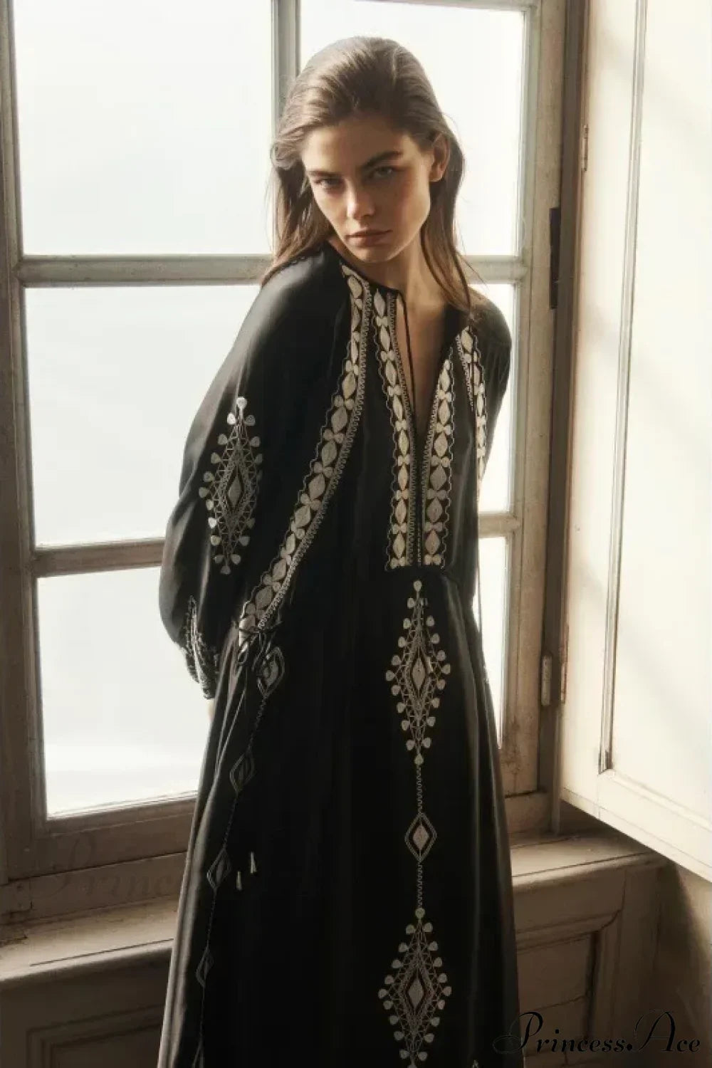 V-neck Lantern Sleeve Free Style Cotton Boho Dress Black / S bohodress-250126