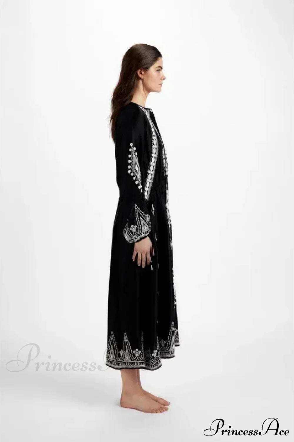 V-neck Lantern Sleeve Free Style Cotton Boho Dress