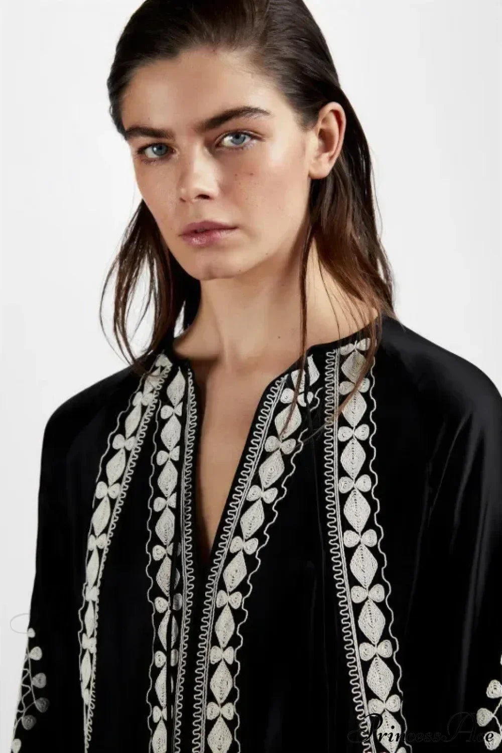 V-neck Lantern Sleeve Free Style Cotton Boho Dress