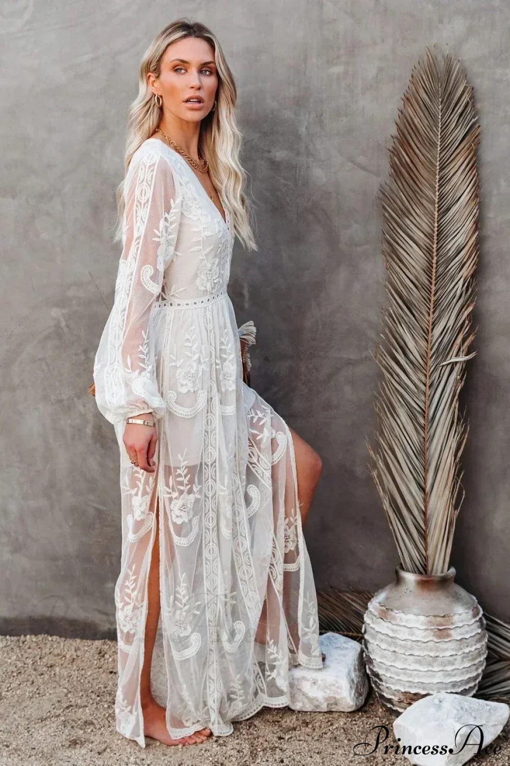 V-neck Long Sleeve Ruffles Hollow Out Maxi Boho Dress